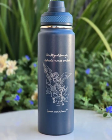Afeto Presentes Religiosos - Garrafa Térmica - Virgem de Guadalupe - 800ml - em alumínio - cinza