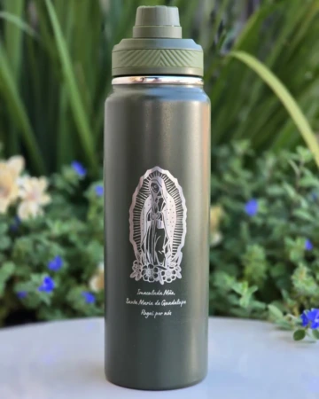 Afeto Presentes Religiosos - Garrafa Térmica - Virgem de Guadalupe - 800ml - em alumínio - cinza