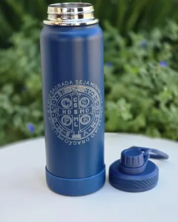 Afeto Presentes Religiosos - Garrafa Térmica - Santo Anjo do Senhor - Azul - com protetor de base (cópia)