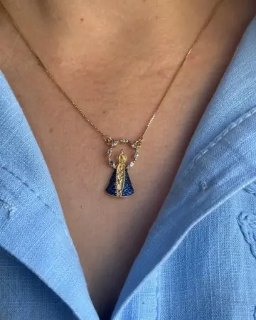 Afeto Presentes Religiosos - Gargantilha - Nossa Senhora Aparecida Gravejada Zirconia - 45cm