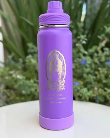 Afeto Presentes Religiosos - Garrafa Térmica - Virgem de Guadalupe - 800ml - em alumínio reforçado com base - violeta