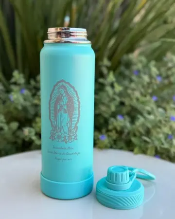 Afeto Presentes Religiosos - Garrafa Térmica - Virgem de Guadalupe - 800ml - em alumínio - verde tiffany com base